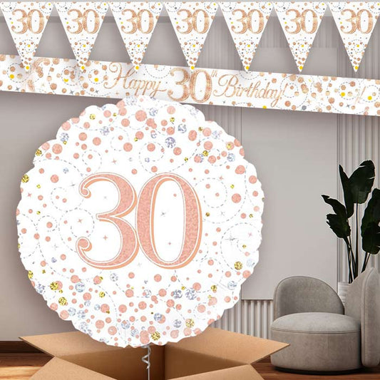 Rose Gold and White 30th Banners and Balloon | Party Save Smile