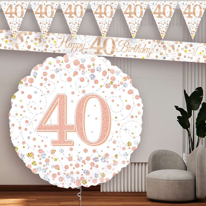 Rose Gold and White 40th Birthday Banners and Balloon - Party Save Smile