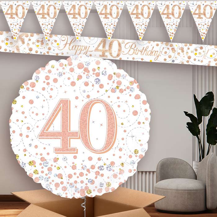 Rose Gold and White 40th Birthday Banners and Balloon | Party Save Smile