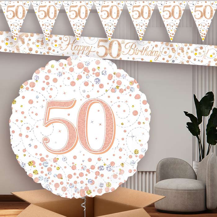 Rose Gold and White 50th Balloon and Banners | Party Save Smile