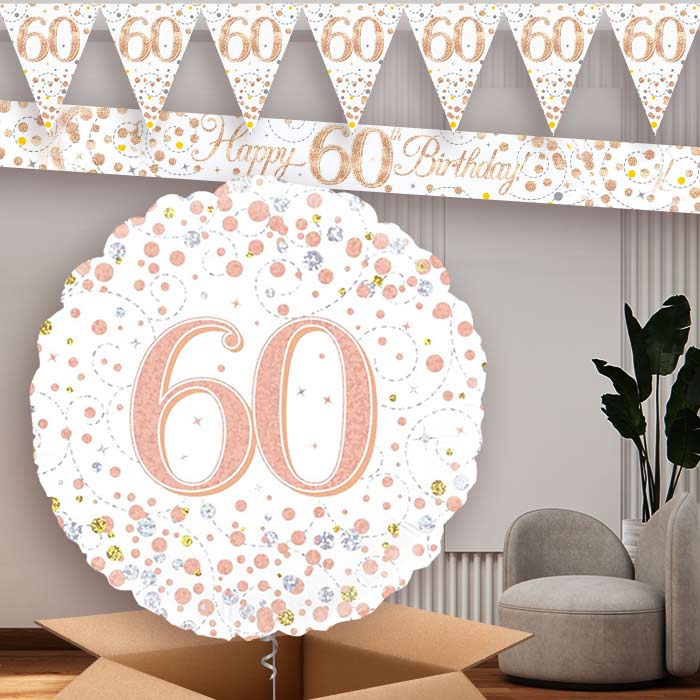 Rose Gold and White 60th Banners and Balloon | Party Save Smile