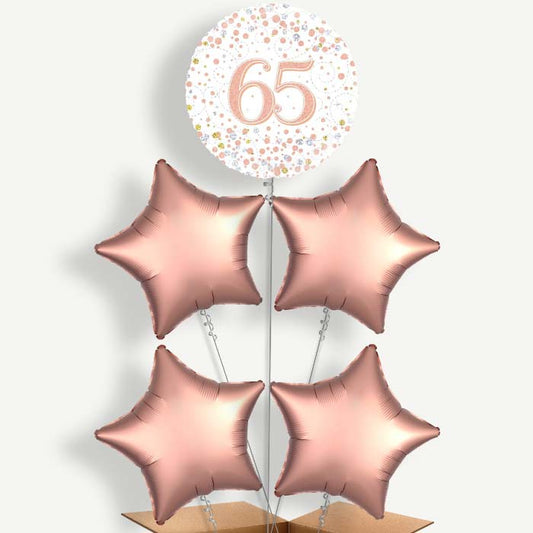 Rose Gold & White 65th Birthday 5 Helium Cluster Balloons