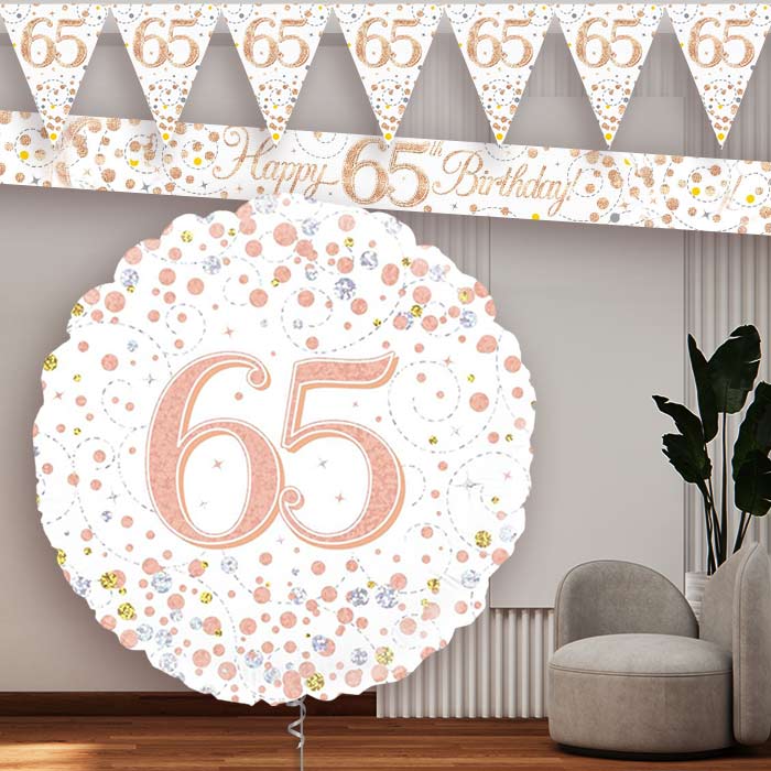 Rose Gold and White 65th Birthday Balloon and Banners