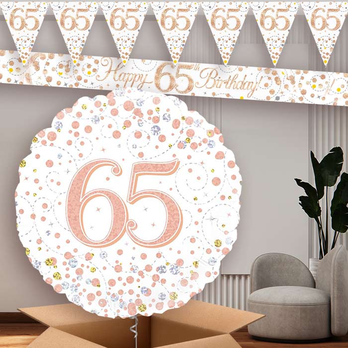 Rose Gold and White 65th Birthday Balloon and Banners | Party Save Smile