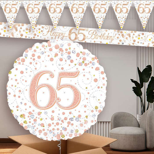 Rose Gold and White 65th Birthday Balloon and Banners | Party Save Smile