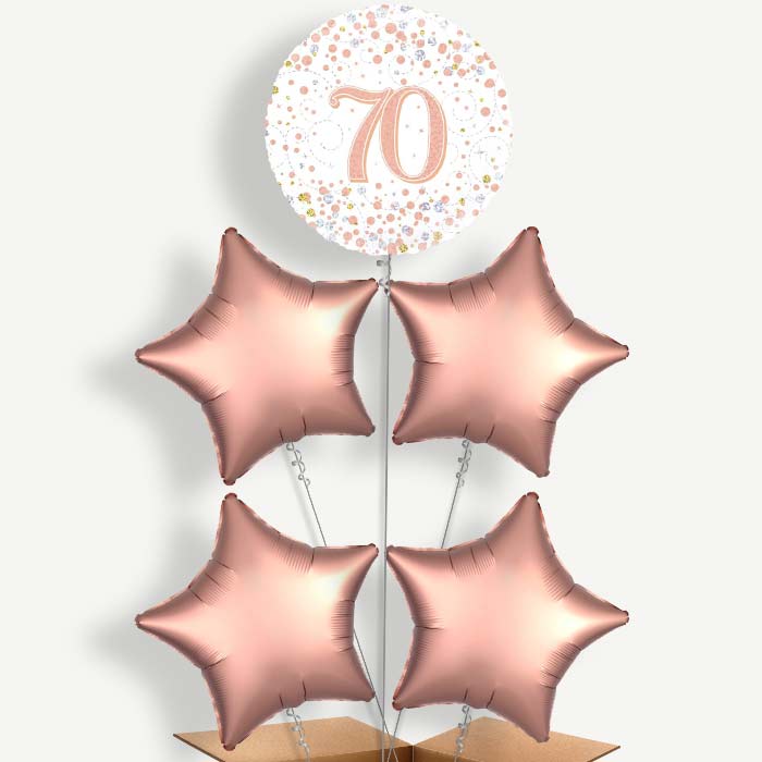Rose Gold & White 70th Birthday Helium Cluster Balloons | Party Save Smile
