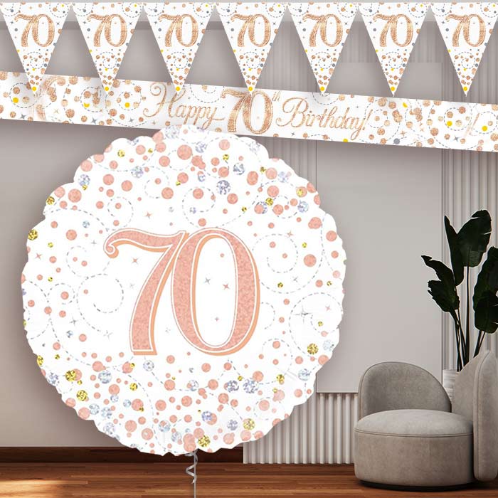 Rose Gold and White 70th Birthday Balloon and Banners - Party Save Smile