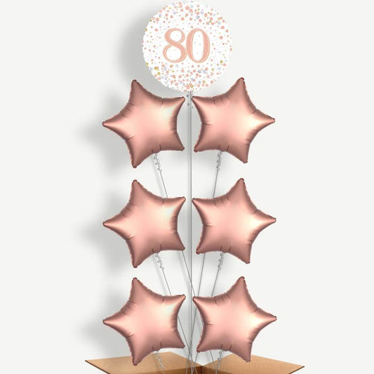 Rose Gold & White 80th Birthday Helium Balloon Arrangement | Party Save Smile