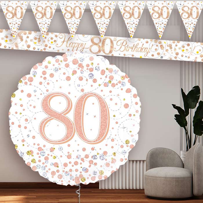 Rose Gold and White 80th Birthday Banners and Balloon