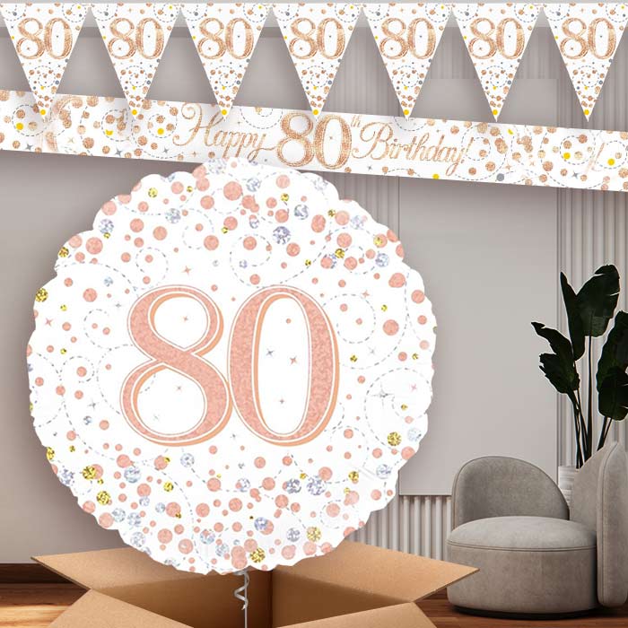 Rose Gold and White 80th Birthday Banners and Balloon | Party Save Smile