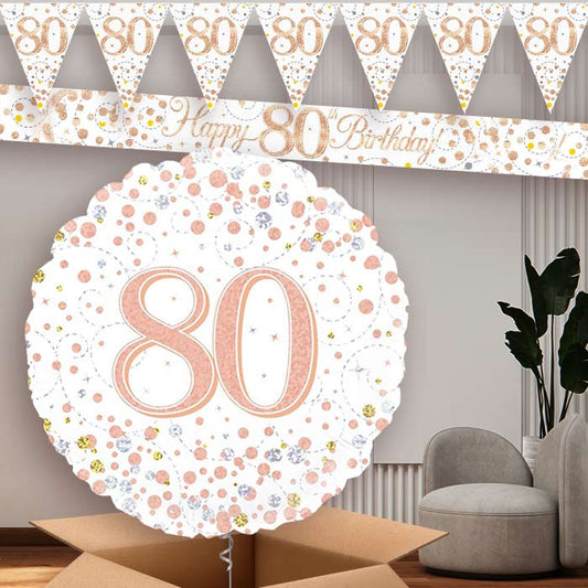Rose Gold and White 80th Birthday Banners and Balloon | Party Save Smile