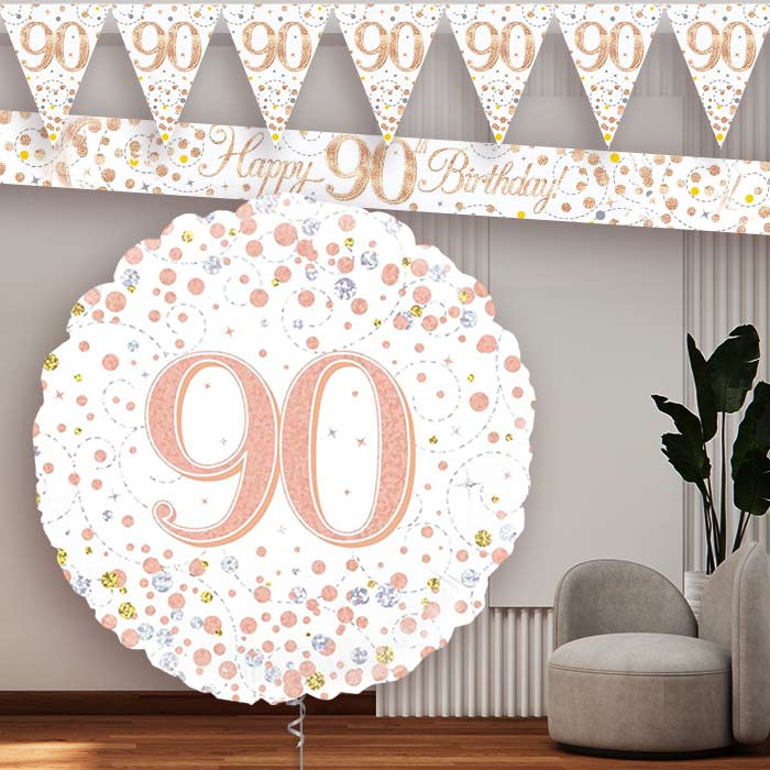 Rose Gold and White 90th Birthday Banners and Balloon