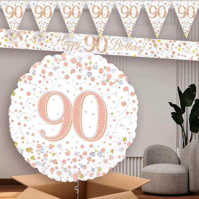 Rose Gold and White 90th Birthday Banners and Balloon | Party Save Smile
