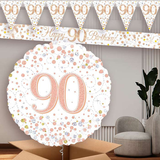 Rose Gold and White 90th Birthday Banners and Balloon | Party Save Smile
