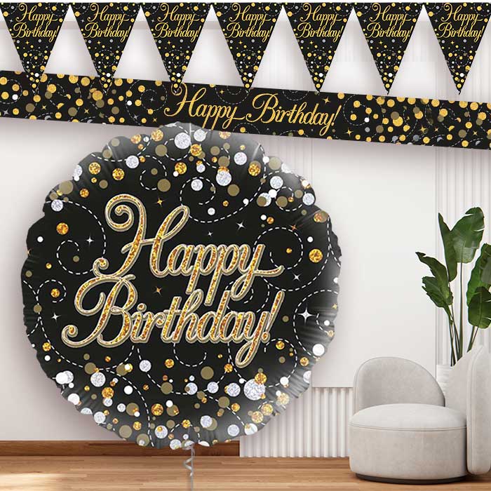 Black Gold Happy Birthday Balloon and Banners