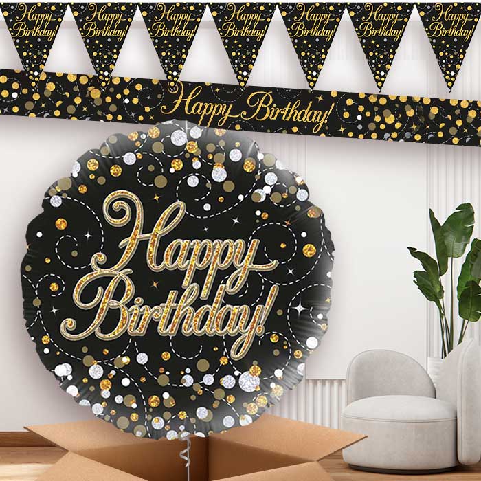 Black Gold Happy Birthday Balloon and Banners | Party Save Smile