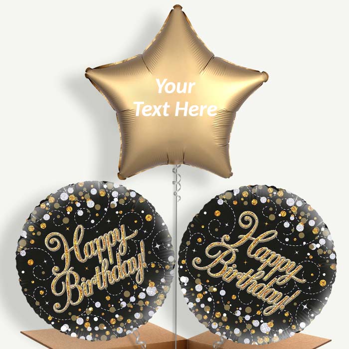 Personalisable Black & Gold Holographic Birthday Helium Balloons | Party Save Smile