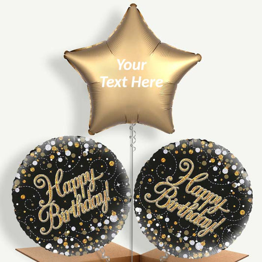 Personalisable Black & Gold Holographic Birthday Helium Balloons | Party Save Smile
