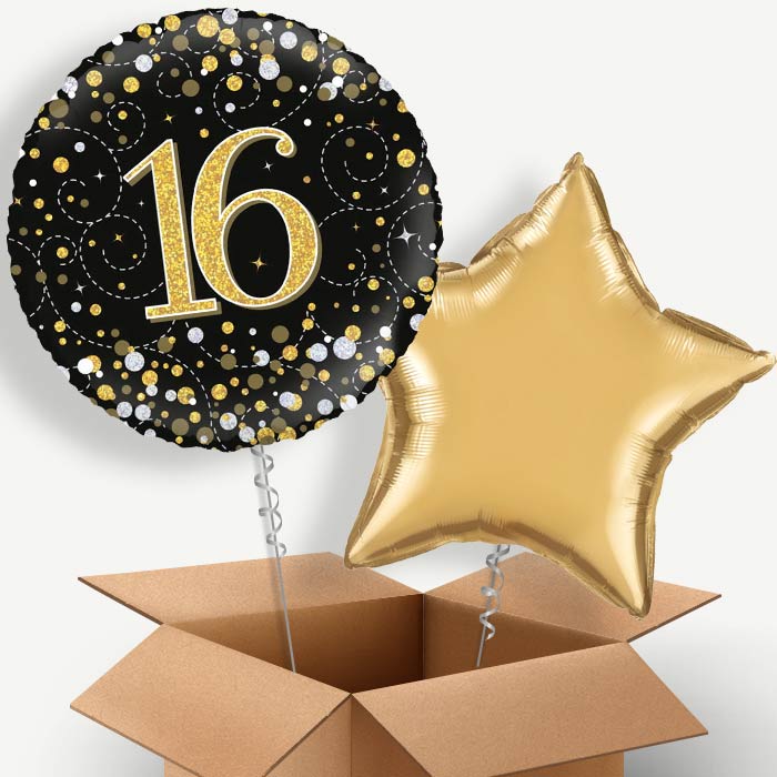 Black & Gold 16th Birthday Helium Balloon Two | Party Save Smile