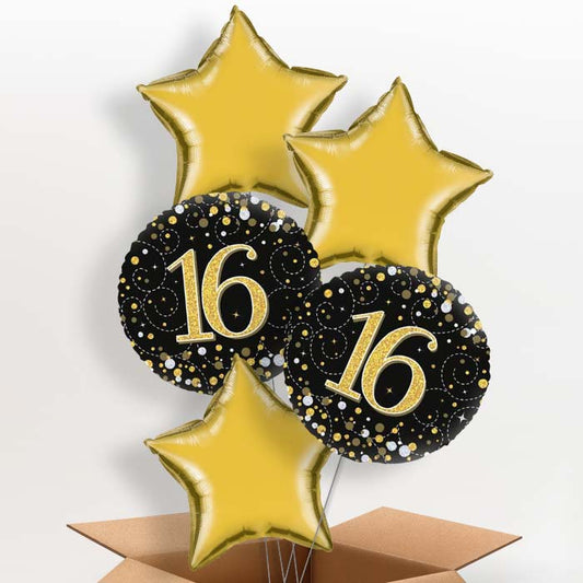 Black & Gold 16th Birthday Helium Balloon in a Box - 5 Balloon | Party Save Smile