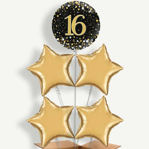 Black & Gold 16th Birthday 5 Helium Cluster Balloons