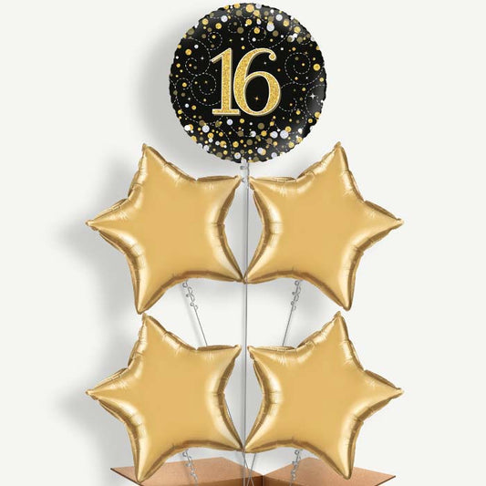 Black & Gold 16th Birthday Helium Cluster Balloons | Party Save Smile