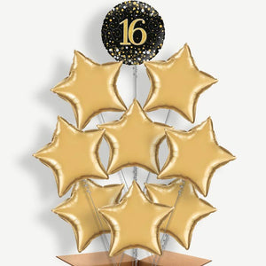 Black & Gold 16th Birthday 9 Helium Balloon Bundle