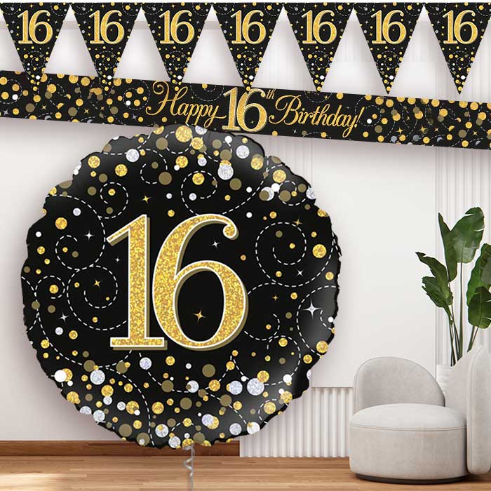 Black Gold 16th Birthday Banners and Balloon