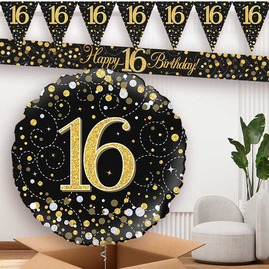 Black Gold 16th Birthday Banners and Balloon | Party Save Smile