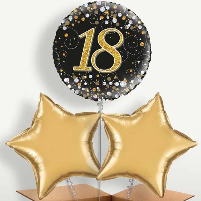 Black & Gold 18th Bunch of Balloons inflated with Helium | Party Save Smile