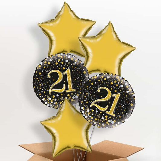 Black Gold 21st Birthday Helium Balloons in a Box - 5 Balloon | Party Save Smile