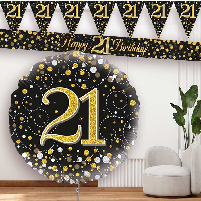 Black Gold 21st Birthday Balloon Banners - Party Save Smile