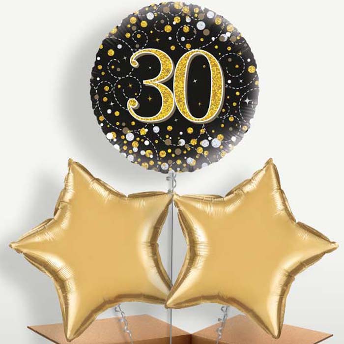 Black Gold 30th Bunch of Balloons inflated with Helium | Party Save Smile