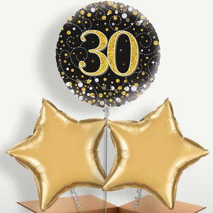 Black Gold 30th Bunch of Balloons Inflated with Helium (Trio)