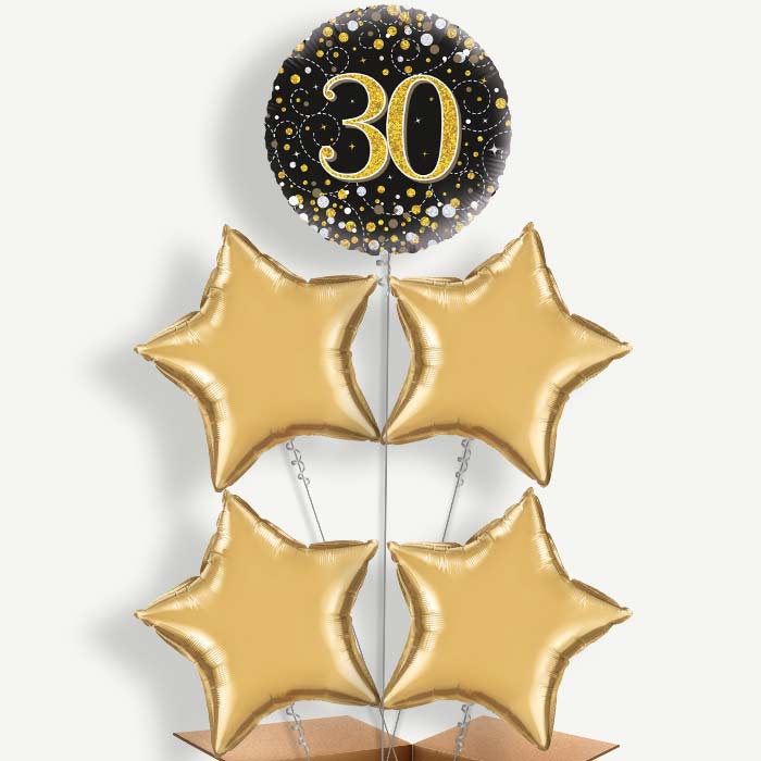 Black Gold 30th Balloon Cluster Inflated with Helium | Party Save Smile