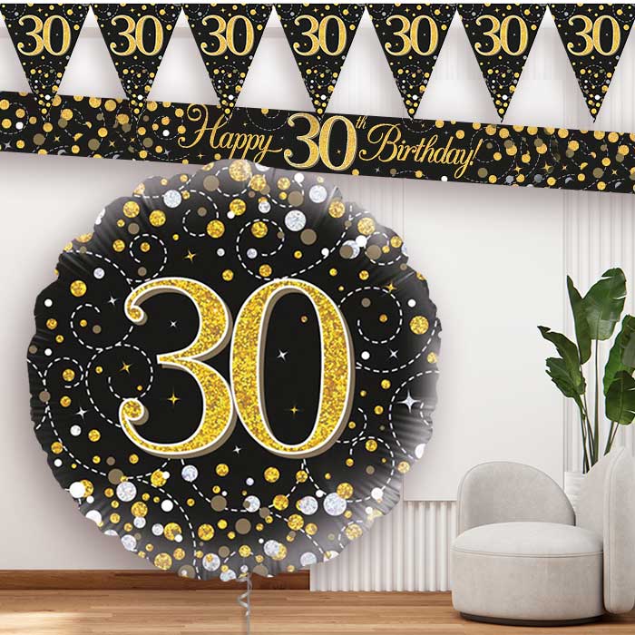 Black Gold 30th Birthday Banner and Balloon - Party Save Smile