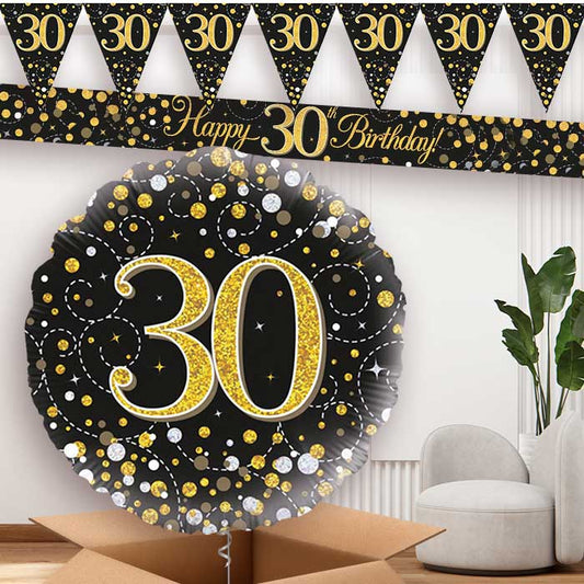 Black Gold 30th Birthday Banner and Balloon | Party Save Smile