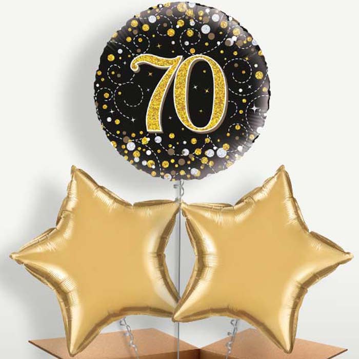 Black & Gold 70th Bunch of Balloons inflated with Helium | Party Save Smile