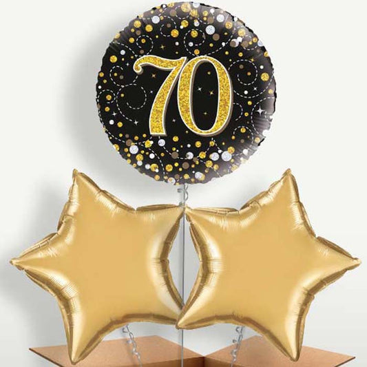 Black & Gold 70th Bunch of Balloons inflated with Helium | Party Save Smile