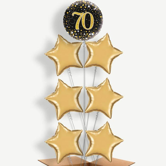 Black & Gold 70th Balloon Arrangement Inflated with Helium | Party Save Smile