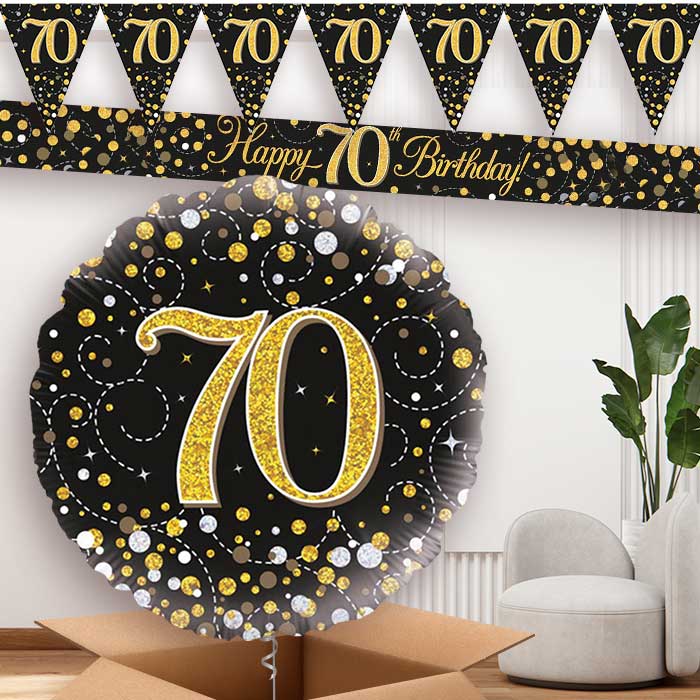Black Gold 70th Birthday Banner and Balloon | Party Save Smile