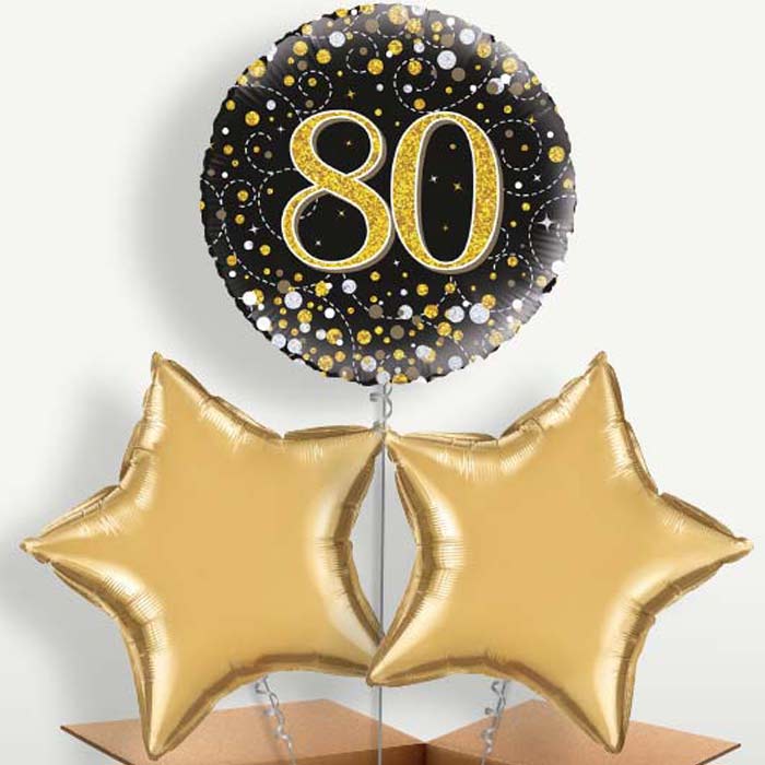80th Black & Gold Bunch of Balloons inflated with Helium | Party Save Smile