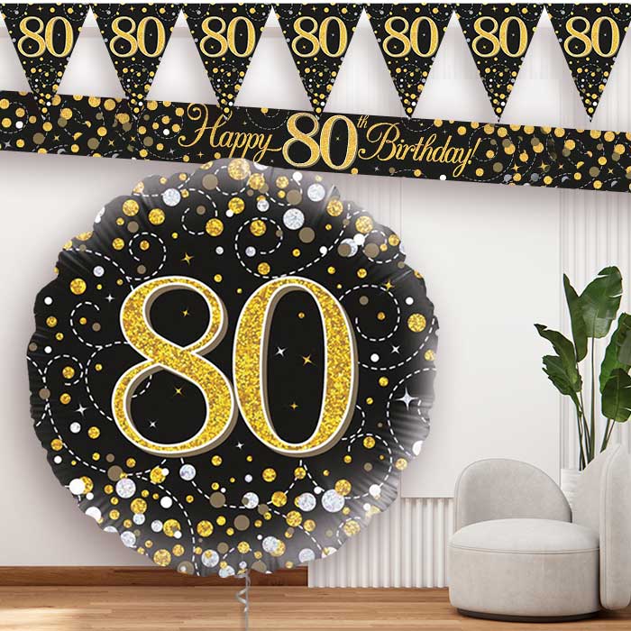 Black Gold 80th Birthday Balloon and Banners - Party Save Smile