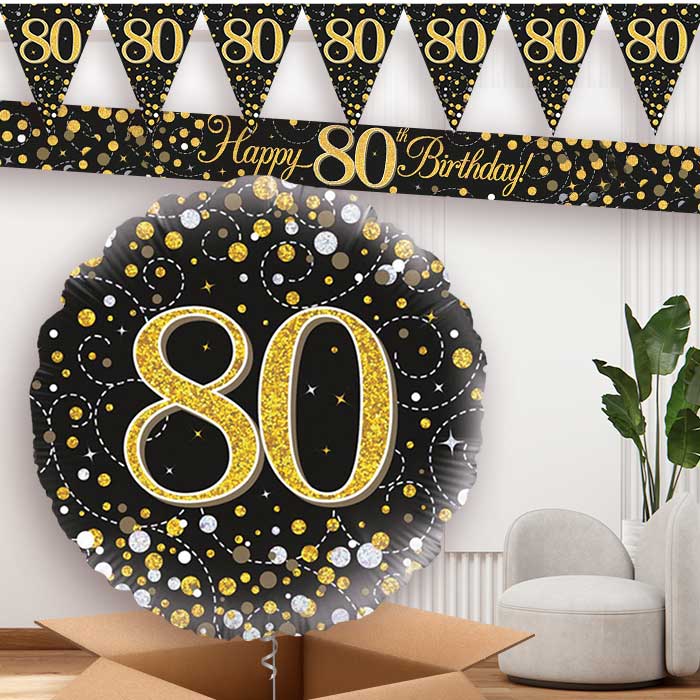 Black Gold 80th Birthday Balloon and Banners | Party Save Smile