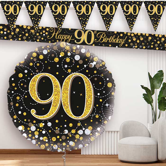 Black Gold 90th Birthday Balloon and Banners - Party Save Smile