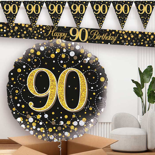 Black Gold 90th Birthday Balloon and Banners | Party Save Smile