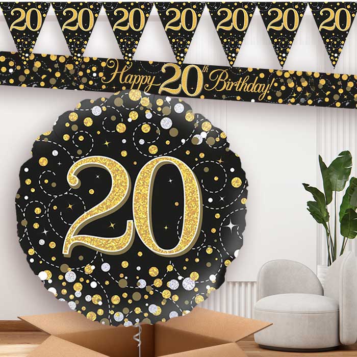 Black Gold 20th Birthday Banners and Balloon | Party Save Smile