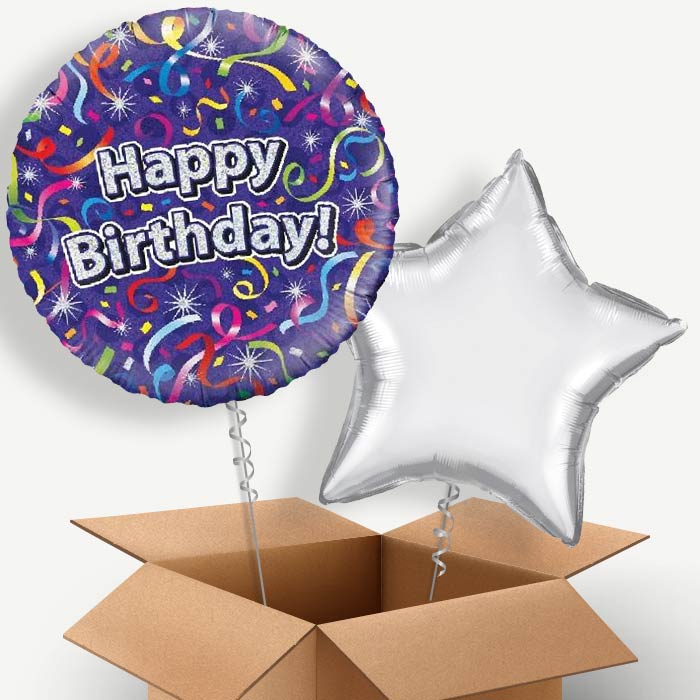 Purple Streamers Happy Birthday Helium Balloon Couple | Party Save Smile