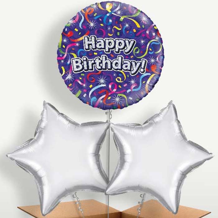 Purple Streamers Happy Birthday Trio Balloon Bunch | Party Save Smile