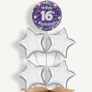 Purple Streamers Happy 16th Birthday 5 Helium Cluster Balloons
